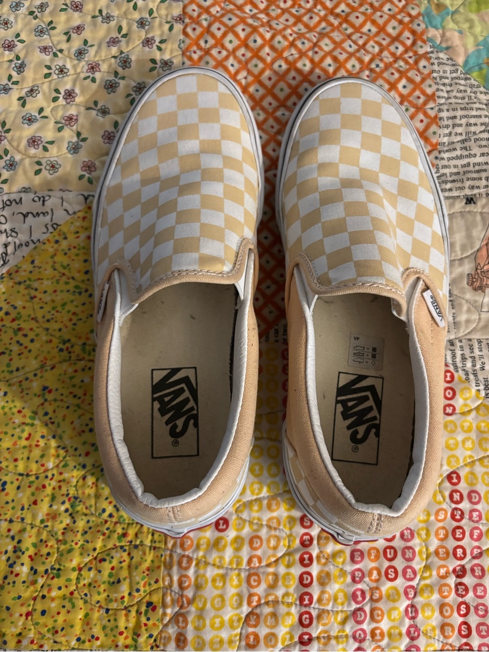 Vans slip on peach and white check